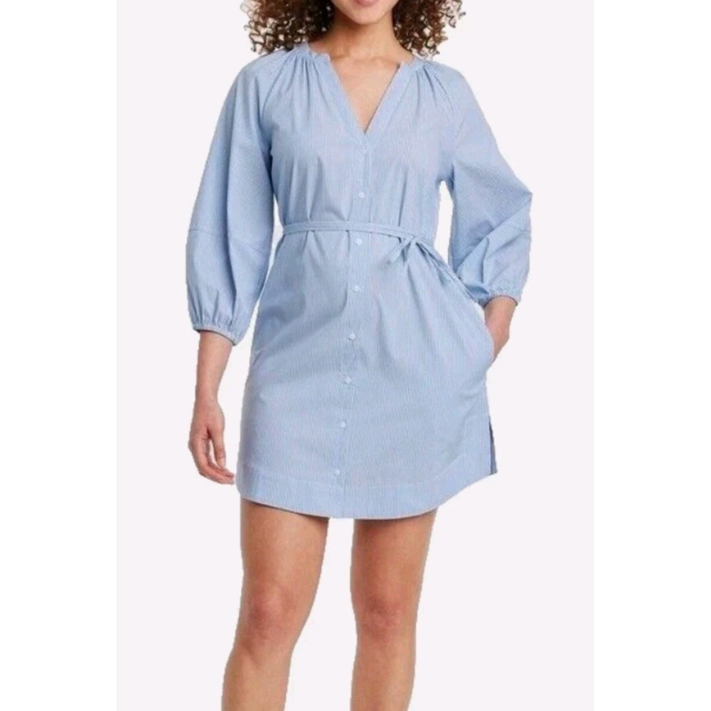 Women's A New Day blue pin stripe belted mini shirt dress with pockets size S